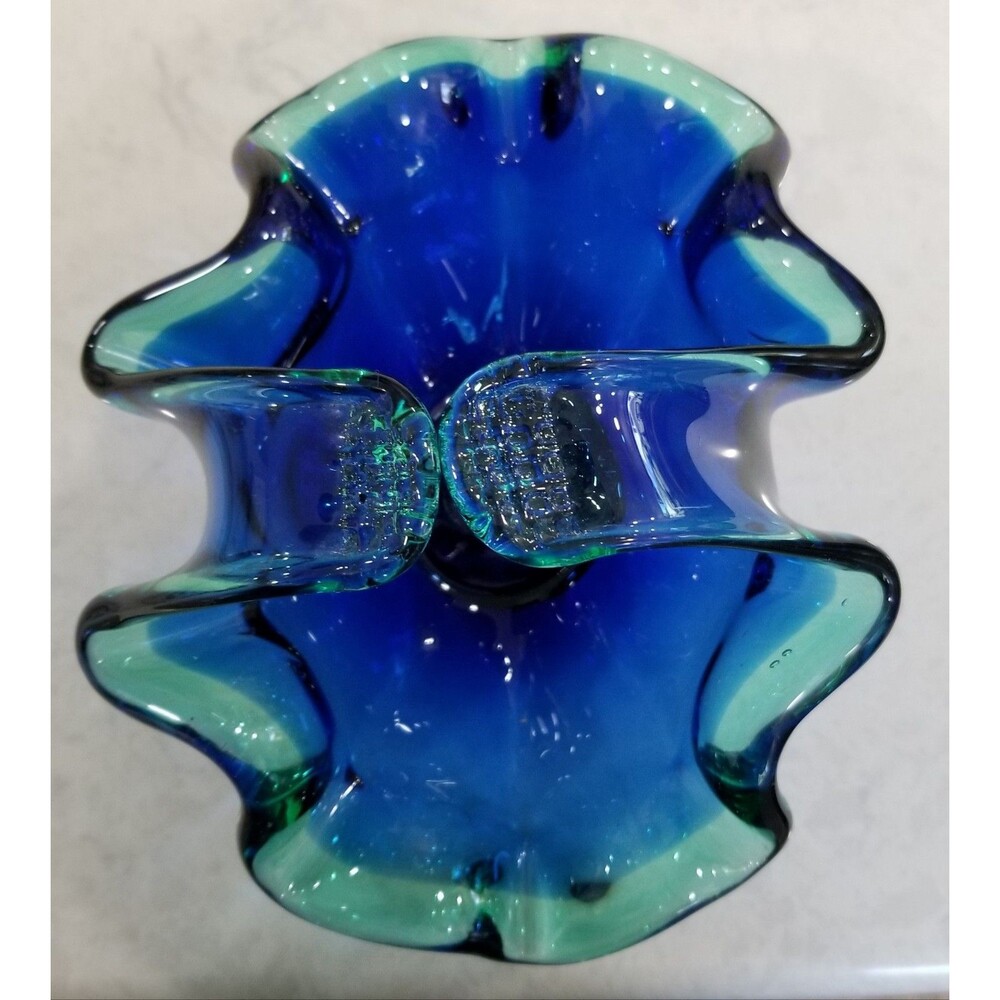 White Cristal blue Murano glass basket bowl with blue green edge vintage - Picture 7 of 9